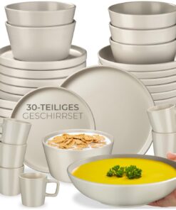 tectake Steingut Geschirrset 30-tlg. 6 Personen - Taupe Teller Schalen Tassen