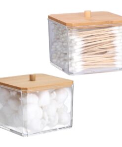 SUMTree Acryl Quadratischer Qtip Wattebausch-Halter, Bambusdeckel für Zahnseide-Tupfer-Spender, Küchen- und Badezimmer-A