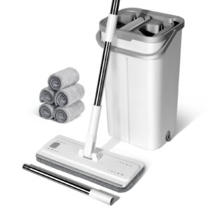 Wischmopp Set mit Eimer + Masthome Putzeimer Weiß + Bodenwischer für Alle Böden + Auswringfunktion + 140cm Edelstahl Gri