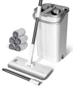 Wischmopp Set mit Eimer + Masthome Putzeimer Weiß + Bodenwischer für Alle Böden + Auswringfunktion + 140cm Edelstahl Gri