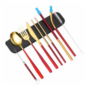 XINYUWIN Tragbares Reiseutensilien-Set, Edelstahl-Besteck, inklusive Gabel, Messer, Löffel, Essstäbchen, Reinigungsbürst