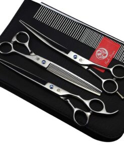 8.0 Inch Fellschere für Hunde, gebogene und Effilierschere - Fellpflege-Werkzeug-Set für Haustierpflege, Silber - Fellpf