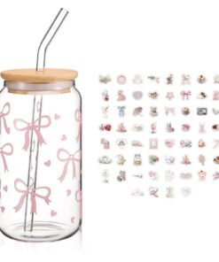 Glas Trinkbecher mit Deckel und Strohhalm, 16-Unzen-Schleifenbecher für Bubble Tea, Kaffee, Geschenk für Mädchen