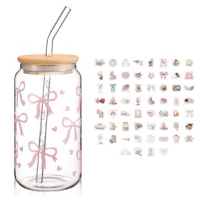 Glas Trinkbecher mit Deckel und Strohhalm, 16-Unzen-Schleifenbecher für Bubble Tea, Kaffee, Geschenk für Mädchen
