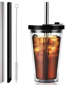 **VITEVER Leakproof Bubble Tea Cup für kalte Getränke und Smoothies, 16oz Doppelschicht Isolationsbecher mit Strohhals