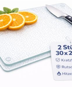 2er Set Glas Schneidebrett 30x20cm Rutschfest mit Füßen Ohne Mikroplastik für Hygienische Küche