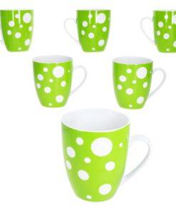 MamboCat Pula grün Kaffeebecher 6er Set | 300 ml Porzellan mit Henkel & Punkten | für 6 Personen Heißgetränke Tee Kakao