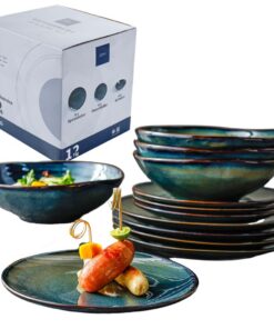 Kadum Geschirrset 12-teilig aus Keramik - Mediterran Blau-Grün-Gold für 4 Personen