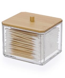 SUMTree Quadratischer Qtip Wattebausch-Halter Acryl mit Bambusdeckel, Zahnseide Tupfer Spender, Badezimmer Vorratsglas K