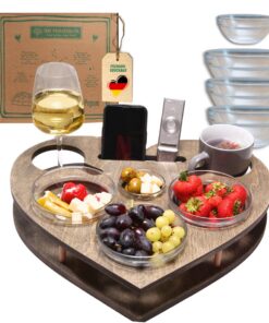 Herz Couchbar Grau mit 4 Glasschalen - Stabiler Sofa Butler für Snacks & Getränke auf der Couch
