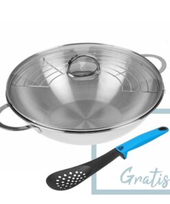 GRÄWE Edelstahl Wok 32 cm für Asian Cooking mit Glasdeckel und Ablagegitter Modern Küchenutensil