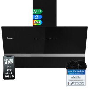 KKT KOLBE Dunstabzugshaube EASY9005SM - 90 cm, 782 cbm/h Umluft Abluft, Kopffrei, Schwarz Glas, Smart WiFi App WLAN, RGB