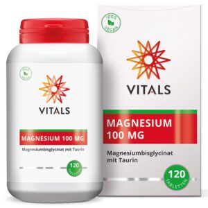 Vitals Magnesium bisglycinat 100mg mit Taurin 120 Tabletten für Erwachsene beim Stressmanagement. Hochdosiert, 100% Vega