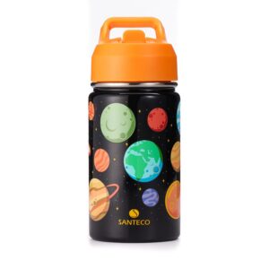 SANTECO Kinder Thermosflasche Edelstahl 380ml Planet - einfach zu sauberm BPA-frei für Schule und Kindergarten