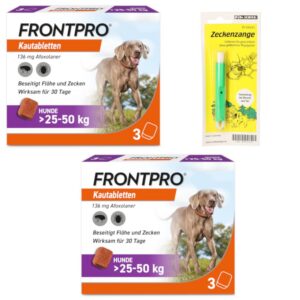 FRONTPRO Kautabletten für Hunde 25-50 kg: Schutz gegen Zecken und Flöhe 6 Monate lang mit Zeckenzange FRONTPRO Kautablet