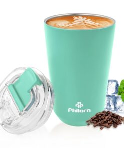 Philorn Thermobecher Kaffee to go Becher - 13oz/380ml - Thermoblatt aus Edelstahl, wiederverwendbar, grün, auslaufsicher