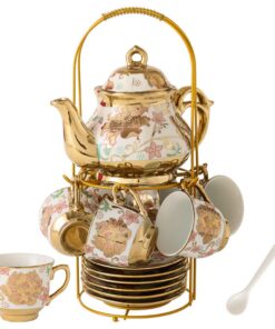 CHANJOON Gold Plated Red Rose Ceramic Tea Set -Vintage Teeset für 6 Personen, Edle Teeset mit Teekannen - Vornehm, schön