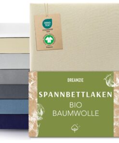 Dreamzie Premium Spannbettlaken Beige 180x200cm - Biobaumwolle für gesunde Nachtlager - Oeko-TEX OEKO-TEX STANDARD 100 D