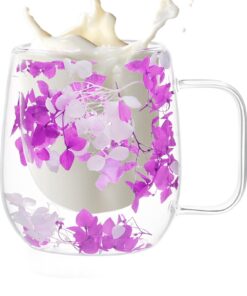 Gvblkq Doppelwändige Glasbecher, Isolierte Kaffeetasse mit getrockneten Blumen, Transparente Wärmafaintenance Teebecher