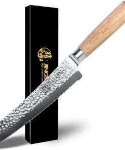 Japanisches Brotmesser Wellenschliff 20 cm, VG-10 Damaststahl-Klinge, perfekter Brotschneider für knuspriges Sauerteigbr