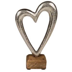 OOTB Metallherz auf Holzsockel + Silberfarbe + Ziersache für Wohnzimmer und Büro + Edles-design + 17 cm