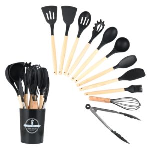 Wenrescry 12-teiliges Silikon Küchenutensilien Set, Spülmaschinenfest, Hitzebeständig, Schwarz: Perfektes Küchenhilfsset