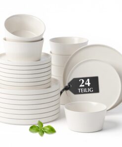 MIAMIO Geschirrset 8 Personen 24-teilig – Spülmaschinenfest Mikrowellenfest Steingut Modern Weiß