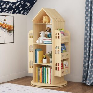 Heehee 4 Massivholz Drehbares Bücherregal, 360 Grad, für Kinder und Erwachsene, multifunktionales Design, 12 Regalfächer
