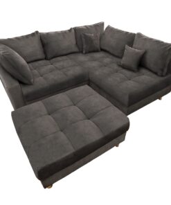 Riess-ambiente.de Moderne Wohnlandschaft Kent 220cm grau Samt | Ecksofa Federkern inkl. Hocker und Kissen | Sofa in L Fo