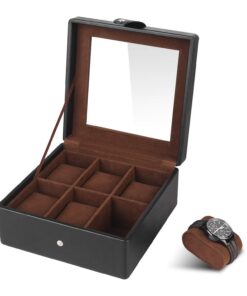 SHYOSUCCE 6-Fach Uhrenbox mit Transparentem Glasdeckel und Samt Kissen, für Sammler, Schwarz (19,5x19,5x9,5cm) SHYOSUC