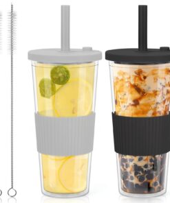 Wiederverwendbare Bubble Tea Becher mit Strohhalm (Schwarz + Grau) 2 x 710ml Isolierte Tumbler Becher für Kaffee Saft Do