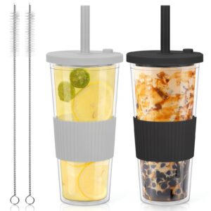 Wiederverwendbare Bubble Tea Becher mit Strohhalm (Schwarz + Grau) 2 x 710ml Isolierte Tumbler Becher für Kaffee Saft Do