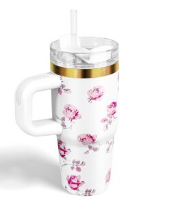 14oz Thermobecher mit Stroh für Kinder Schule Sport im Freien (Weiße Blume) 14oz Kindertumbler mit Griff und Stroh Sch