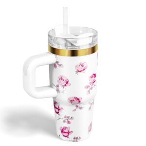 14oz Thermobecher mit Stroh für Kinder, 304 Edelstahl Weiße Blume, Schule und Sport 14oz Kid Tumbler mit Griff und Stroh