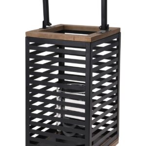 Metall Laterne Schwarz Kerzenglas Garten Deko - Windlicht mit Holz Elementen - 28 cm Häng Laterne