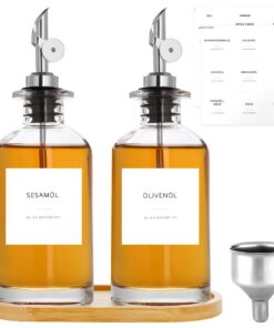 Essig und Ölflaschen Set - 2 x 350ml Olivenölflasche - Für Befüllung - Glas Ölflaschen mit Etiketten und Trichtern - Bam