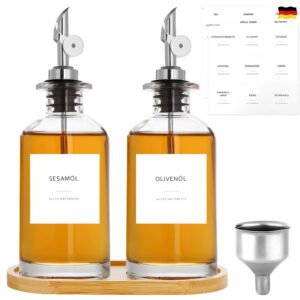 Essig und Ölflaschen Set - 2 x 350ml Olivenölflasche - Für Befüllung - Glas Ölflaschen mit Etiketten und Trichtern - Bam