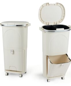LIFEZEAL 38L / 42L Beige Küchenmülleimer mit Rädern & 3 Fächern LIFEZEAL 38L / 42L Tretmülleimer für Küche, Wohnzimmer &