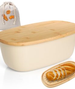 Cozary Brotkorb Beige, großer Bambusdeckel Brotkasten, 6L Brotaufbewahrung Küchenprodukt für Lange Frische