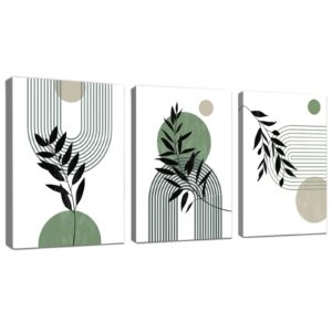 WENGTIAO Boho Grün Abstrakte Leinwand Bilder mit Rahmen für Wohnzimmer und Schlafzimmer Geometrische Linien Wanddekorati