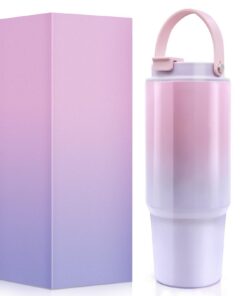 EOPUOZS Thermobecher Mit Strohhalm Für Heiß- und Kaltgetränke, Edelstahl, 30oz, Rosa Lila, Tragbar und Auslaufsicher, Sp