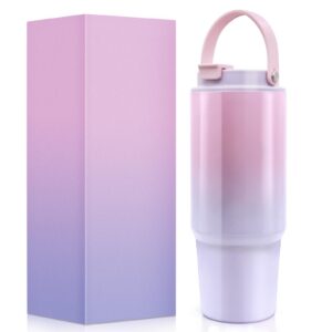 EOPUOZS Thermobecher Mit Strohhalm Für Heiß- und Kaltgetränke, Edelstahl, 30oz, Rosa Lila, Tragbar und Auslaufsicher, Sp