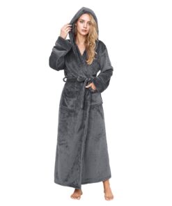PUTUO Bademantel Damen Lang mit Kapuze: Flauschiger Morgenmantel aus Mikrofaser Fleece für Frauen – Weicher Hausmantel f