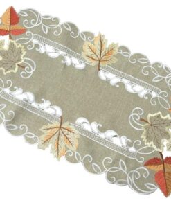 Tischläufer Leinen-Optik Mitteldecke Blätter Grün Herbst (ca. 35x70 cm oval) Tischdecke Leinen-Optik Herbst Blätter Gr