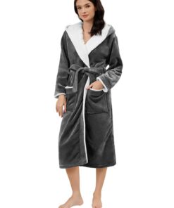 Knuffnee Warm Fleece Damen Bademantel mit Flauschigem Kapuzen Lang Saunamantel