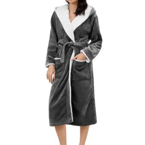 Knuffnee Warm Fleece Damen Bademantel mit Flauschigem Kapuzen Lang Saunamantel