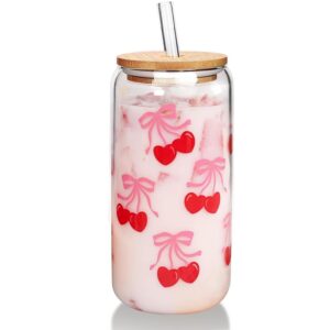 Coquette Kirsche Glas Tasse mit Deckel und Strohhalmen für Frauen zum Muttertag