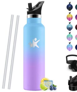 HoneyHolly Edelstahl Trinkflasche 750ml BPA-frei Auslaufsicher mit Strohhalm Doppelwandig Thermosflasche Seegrün Hellvio