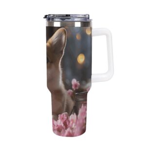 40 oz Doppel Vakuum Becher mit Henkel und Strohhalm für Frauen und Männer - Reise- und Auto-Tasse mit süßem Corgi Hund D