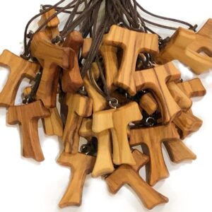 IL SOLE Tau 3 cm Kreuz des Heiligen Franziskus mit 20 Stück Olivenholz und 3 Franziskanerknotenqualitieszertifiziert in